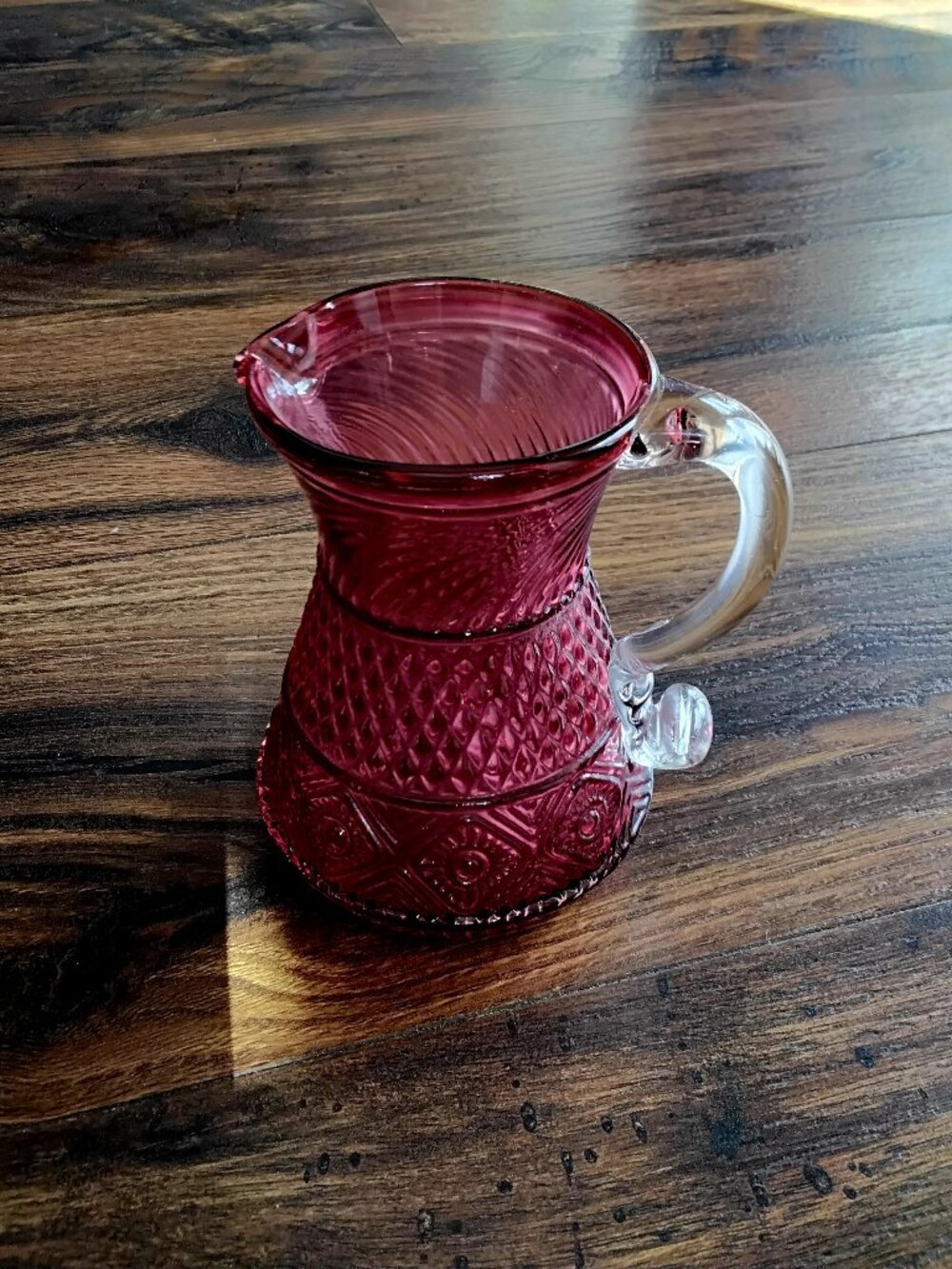 Vintage "Pilgrim" Cranberry Glass Creamer Pitcher by Bennington Pattern.